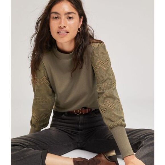 NWT Anthropologie Helen Lace Sleeve Mock Neck Top | L Petite - Picture 1 of 6